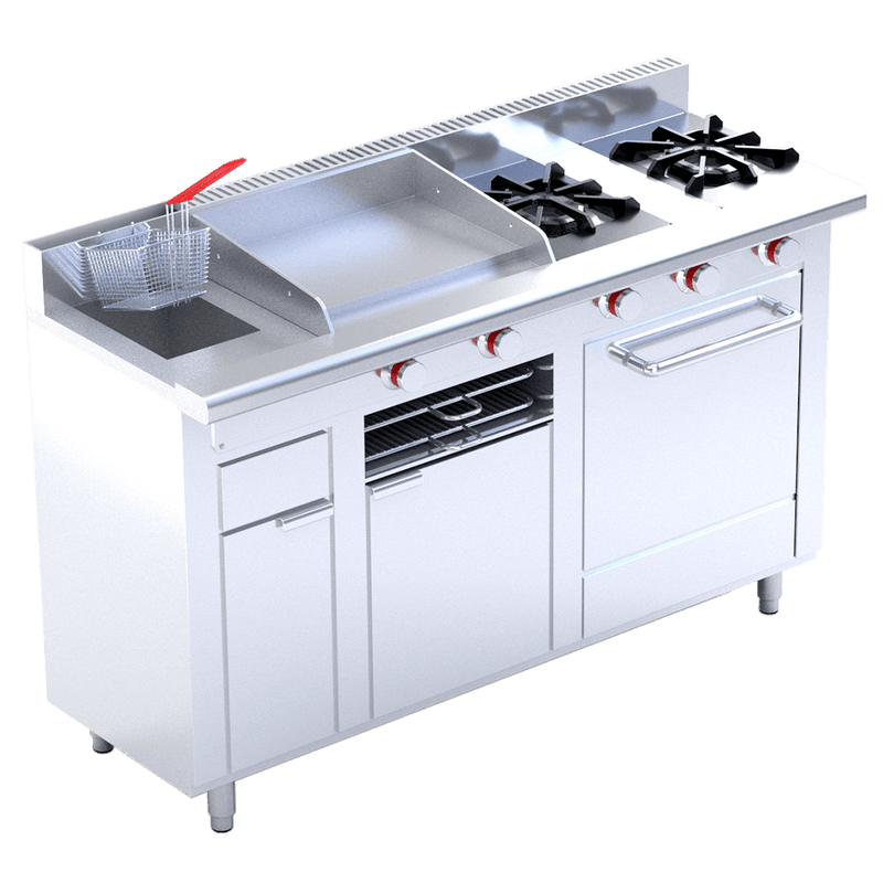 Estufa Múltiple a Gas, 2 Quemadores, Plancha, Gratinador, Freidora, Horno Coriat MULTICHEF DE PISO PETIT