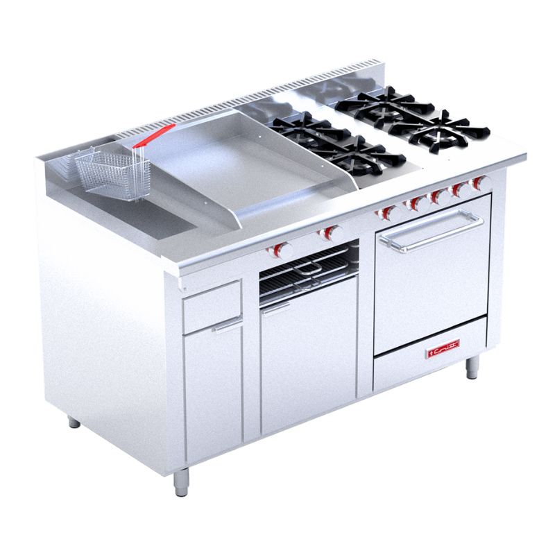 Estufa a Gas 4 Quemadores, Plancha, Gratinandor Freidora, Horno Mediano Coriat MULTICHEF TURBO MASTER DE PISO
