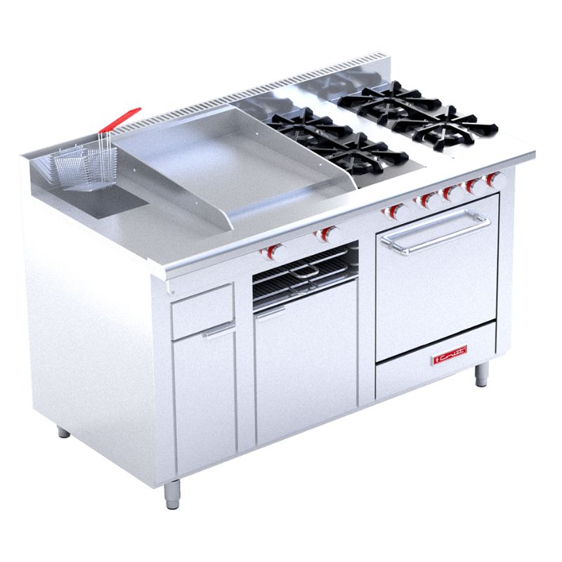 Estufa Múltiple a Gas, 4 Quemadores, Plancha, Gratinador, Freidora, Horno Mediano Coriat MULTICHEF MASTER DE PISO
