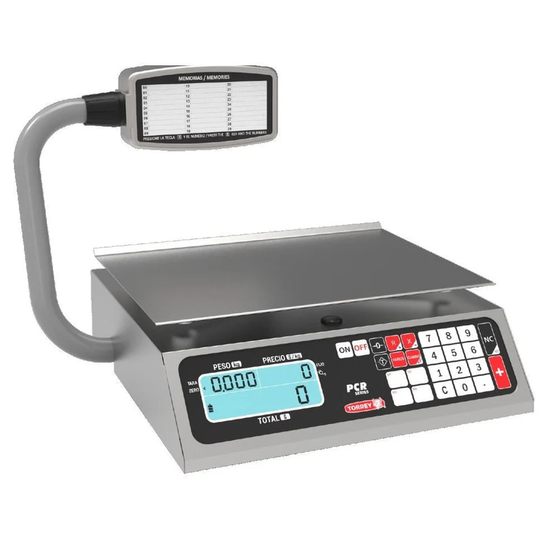 Báscula Digital Memorias de Precios, Funcion de Caja Regitradora, Con Torreta Acero Inox 40kg Torrey PCR40T-N