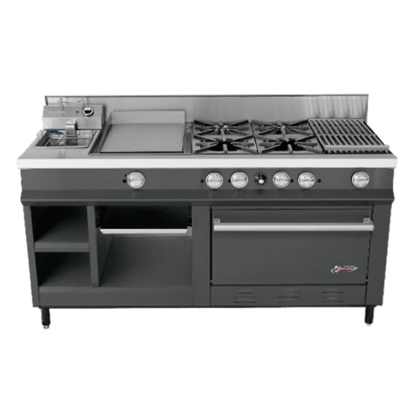 Estufa Maestra Black a Gas 4 Quemadores, Plancha, Gratinador, Freidor, Asador, Horno, Alacena San-Son SSEMB
