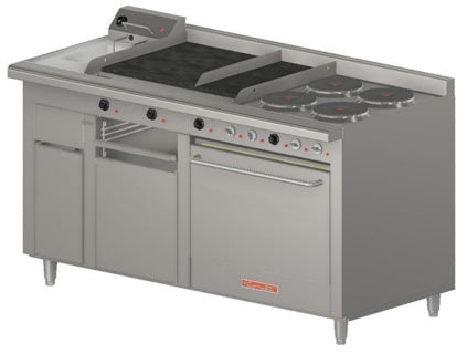 Estufa Múltiple Eléctrica 4 Platos 2600W C/U, Plancha, Gratinador, Freidor Resistencia 1800W, Horno Resistencia 4870W, 220V, Control De Temperatura Independiente Coriat MULTIPLE-E MASTER
