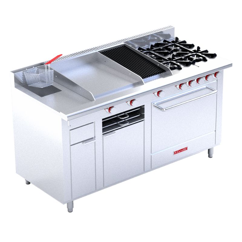 CORIAT MULTIPLE DE PISO MASTER PREMIUM Estufa a gas, con 4 quemadores, 1 asador, 1 plancha, 1 gratinador, 1 freidora de 3 lt y 1 horno. 16010311