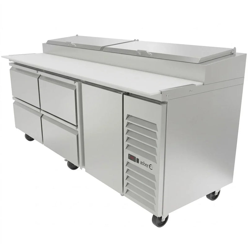 Mesa Refrigerada Para Pizzas Premium 1 Puerta 4 Cajones Acero Inox 30.2 Pies Asber APTP-93-D4 P HC
