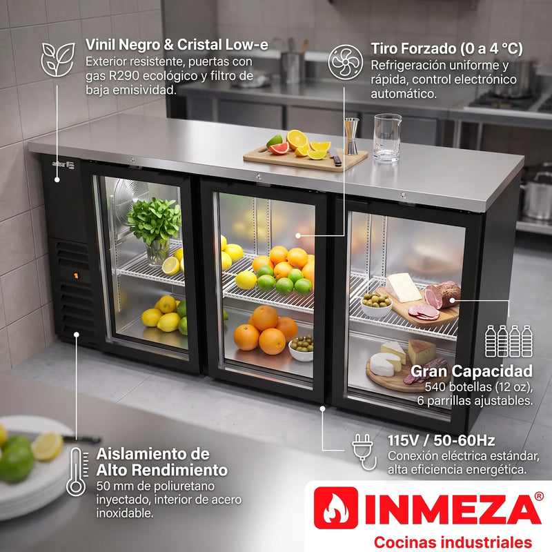 Refrigerador Contrabarra Vinil Negro 3 Puertas Cristal Deslizables 18.3 Pies Asber ABBC-24-72-G SD HC