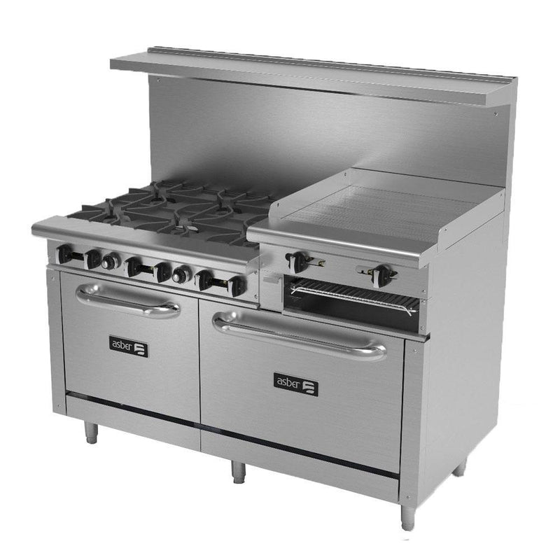 Asber AEMR-2-RG24-B6-60-H 6 Fuegos Abiertos + Plancha 24" Elevada + Gratinador + 2 Hornos 24" y 36" ENVÍO POR COBRAR